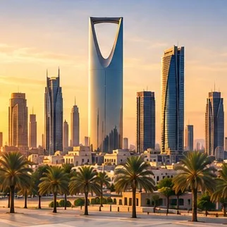 Riyadh skyline with the Kingdom Centre tower at sunset